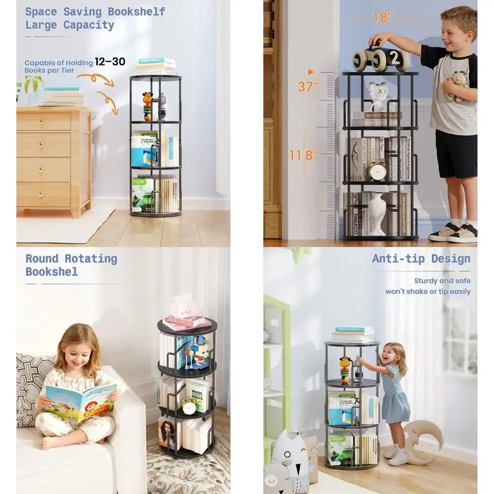 

3-Tier Round Black Metal & Wood Rotating Bookshelf, 37 Tall, Anti-Tip, Space-Saving for Home & Office.