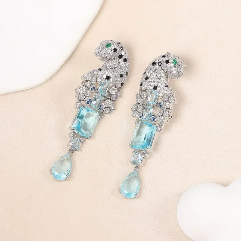 Full CZ Zircon Leopard Waterdrop Earrings Green Eyes Square Crystal 925 Needle Panther Animal Earrings for Women Party Gift