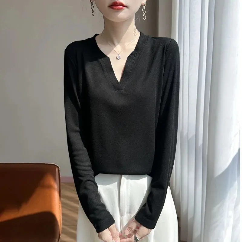 Women Split V Neck Lyocell Soft Thin Knit Long Sleeve Top Loose Casual T Shirt