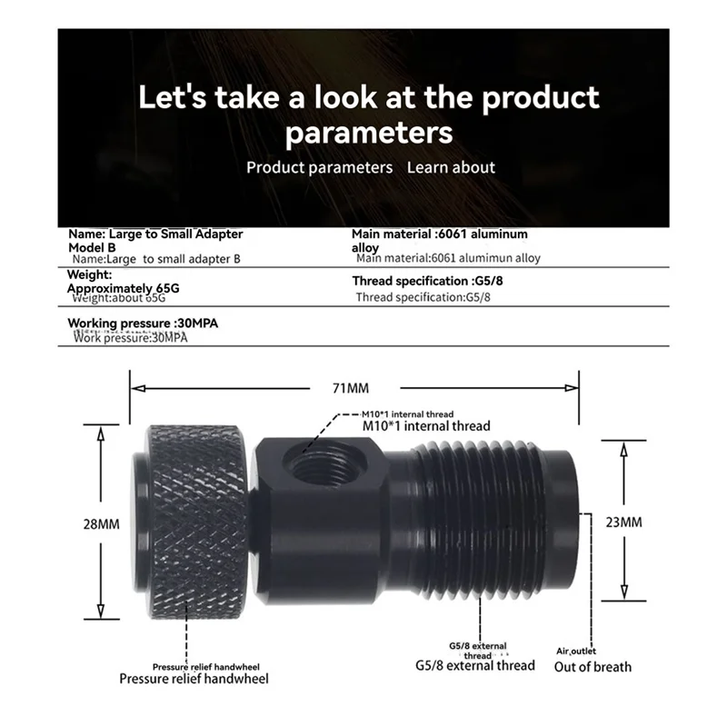MCGS-Adattatore di riempimento del serbatoio dell'aria per gonfiaggio rapido G5/8 Filettato da 6,8 litri Bottiglia per respiratore per gas per immersione Valvola da grande a piccola
