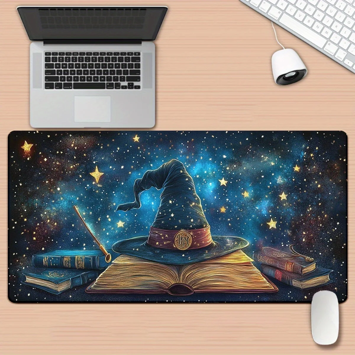 

1 шт. Fantasy Wizard on Open Book Starry Sky Design игровой коврик для мыши и настольный коврик - противоскользящая резиновая основа, большой размер для ПК, ноутбука