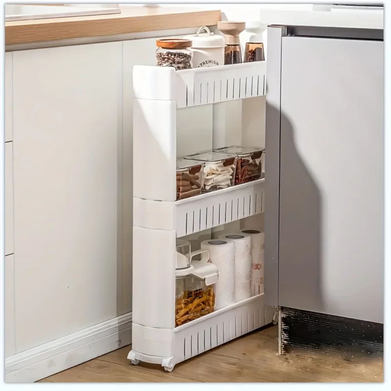 3/4-stöckiger, ultra-schmaler Aufbewahrungswagen mit Rollen und Schmalregal, Unterschrank-Organizer für den Kühlschrank