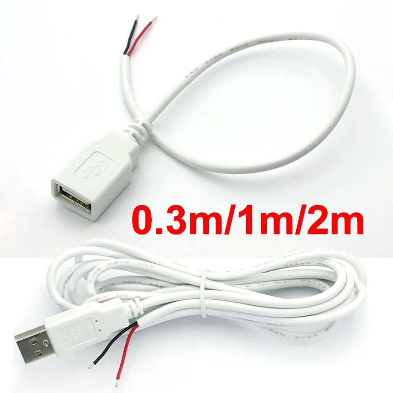 0.3m/1m/2m USB Power Supply Cable 2 Pin USB 2.0 A Female male Charger charging Cord Extension Connector DIY White wire