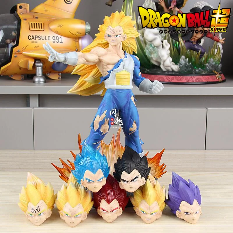 Hot Dragon Ball 29cm Figures Toys Ssj3 Vegeta Anime Figures 8 Head Replaceable Model Pvc Statue Collection Decoration Doll Gifts