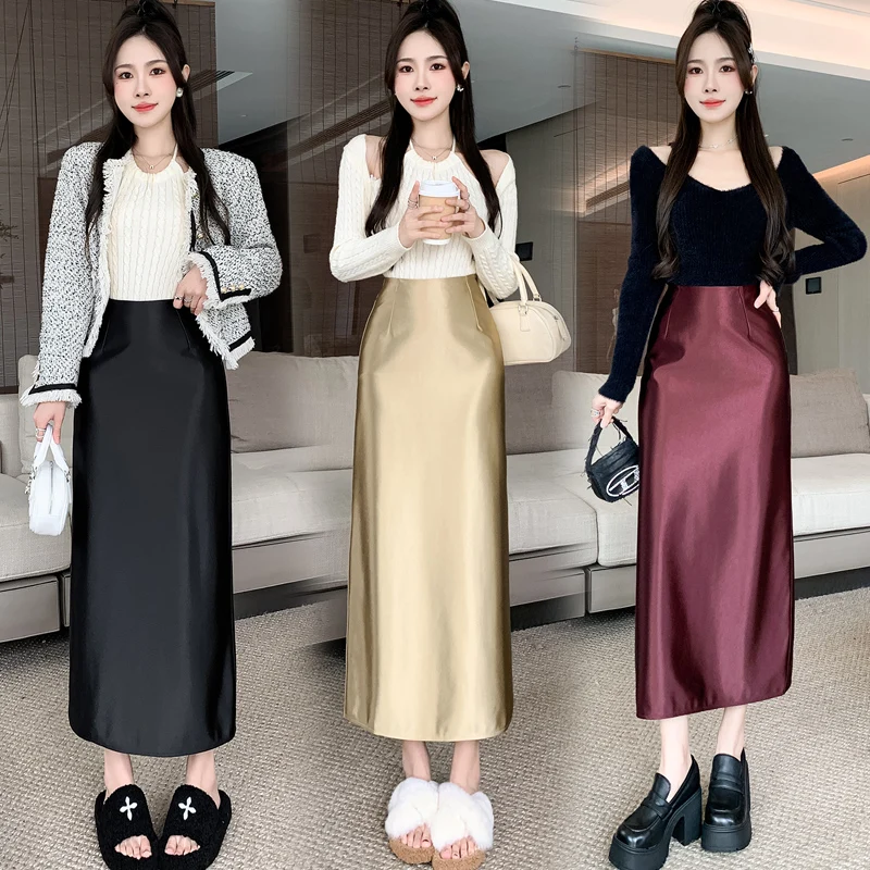 

Elegant High Waist Thick Long Satin Skirts For Women 2023 Autumn Luxury Party Evening Maxi Skirt A-line Straight Wine Red Saias