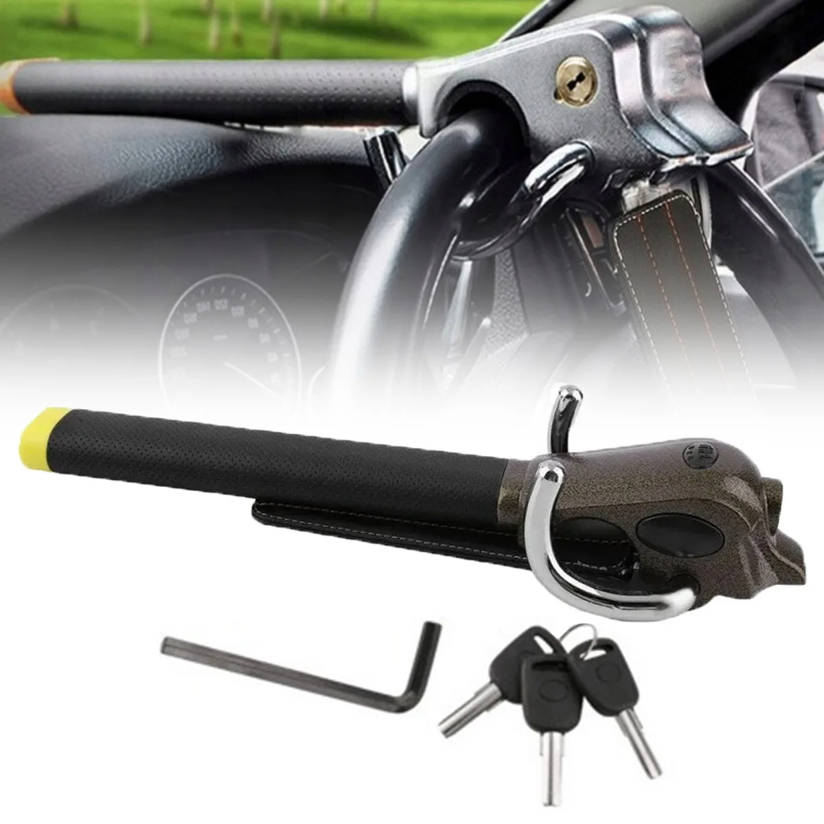 Antivol de volant de voiture pliable en forme de T en acier allié, triple verrouillage, fonction d'alerte sonore, poignée en cuir PU pliable, coussin anti-usure, antivol universel pour voiture, accessoires intérieurs de voiture
