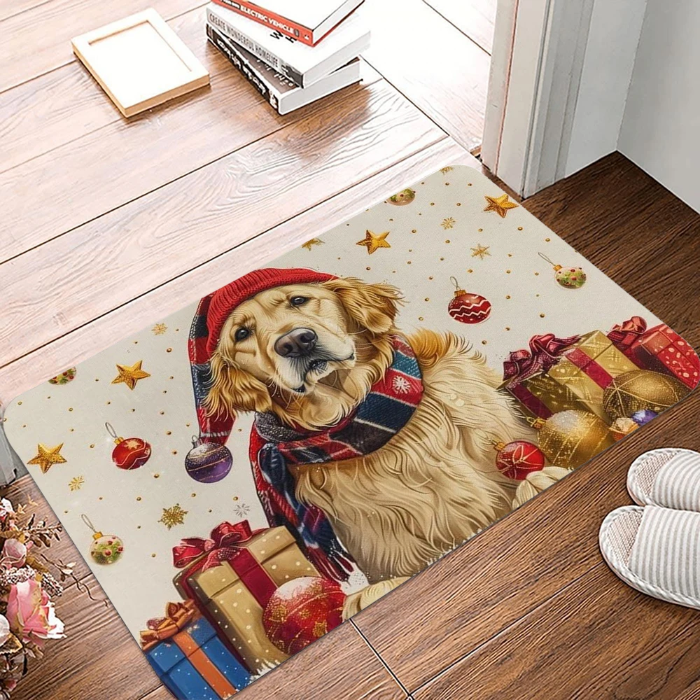 Christmas Golden Retriever Dogs Doormat Non-Slip Washable Carpet for Living Room Bedroom Bathroom Kitchen and Laundry Rug