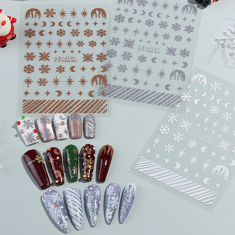 Gold Glitter Powder Snowflake Nail Stickers, 3D auto-adesivo, prata, branco Snowflake, Xmas Manicure Sliders, Star Moon, GLLS-J131