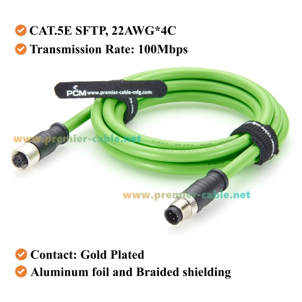 PROFINET M12 D-Code 4 Pin Male to Female Industrial Ethernet Cable CAT5e Shielded IP67 High Flex Drag Chain for PLC, Robotics
