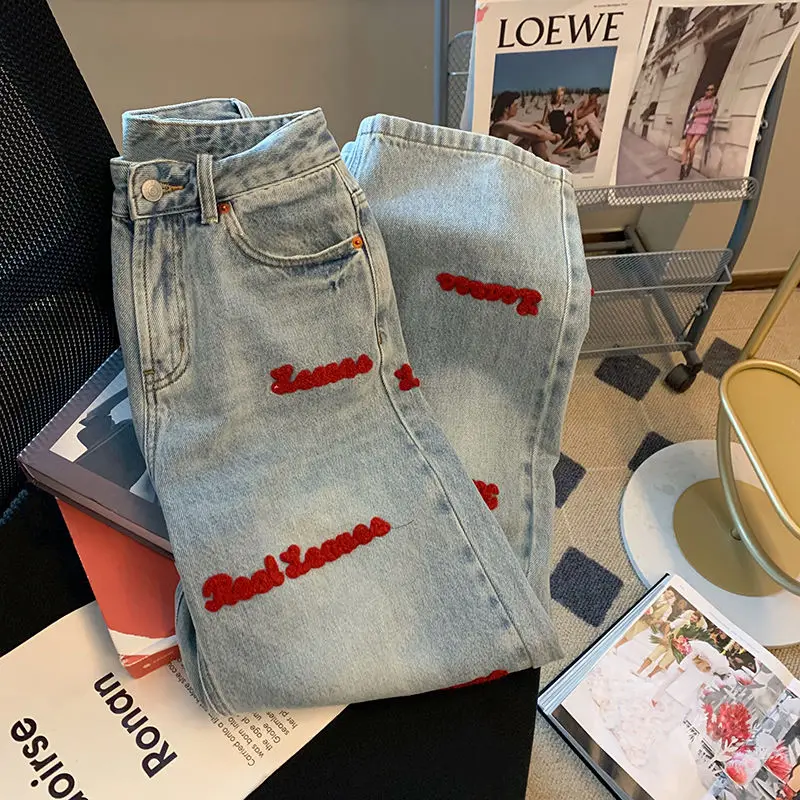 Americano ins vintage high street letter bordado jeans moda feminina design solto em linha reta ampla perna esfregões 2023 novo