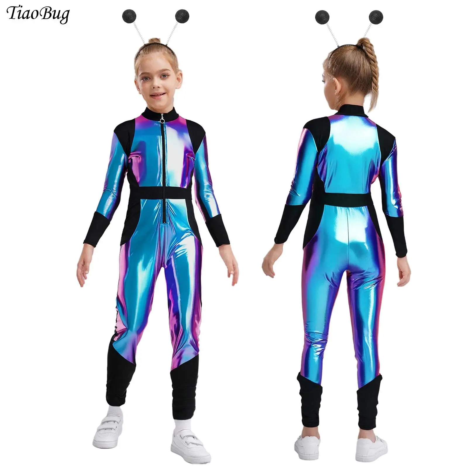 Disfraz de alienígena brillante Unisex para niños y niñas, disfraz de Robot de astronauta del espacio exterior, mono metálico + Aro para el pelo, trajes de carnavales de Halloween