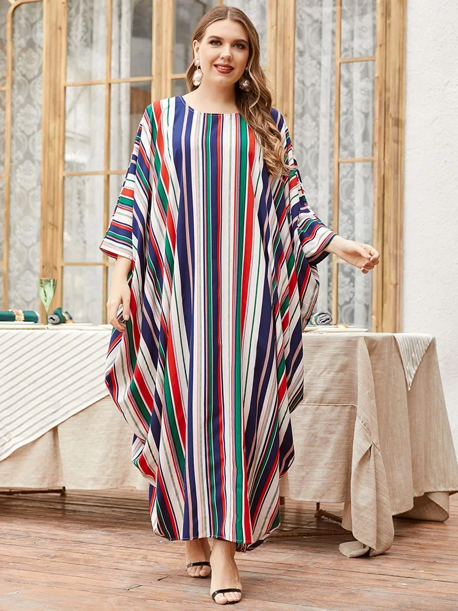 

Bat Sleeves Stripes Women Dress Muslim Dubai Abaya Loose Islam Clothing Abaya African Dresses for Women Musulman Plus-size Dress