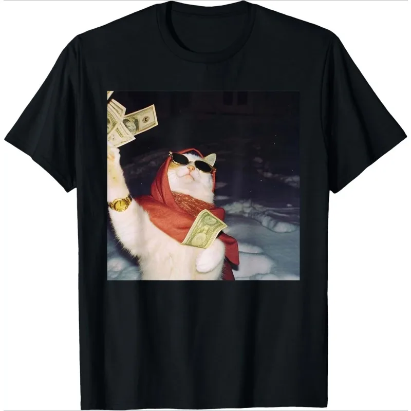 

Noblewoman Cat Meme Money Print Black T-Shirt Funny Daily Women's Casual Short-Sleeved Versatile Basic Crew Neck Top for Party