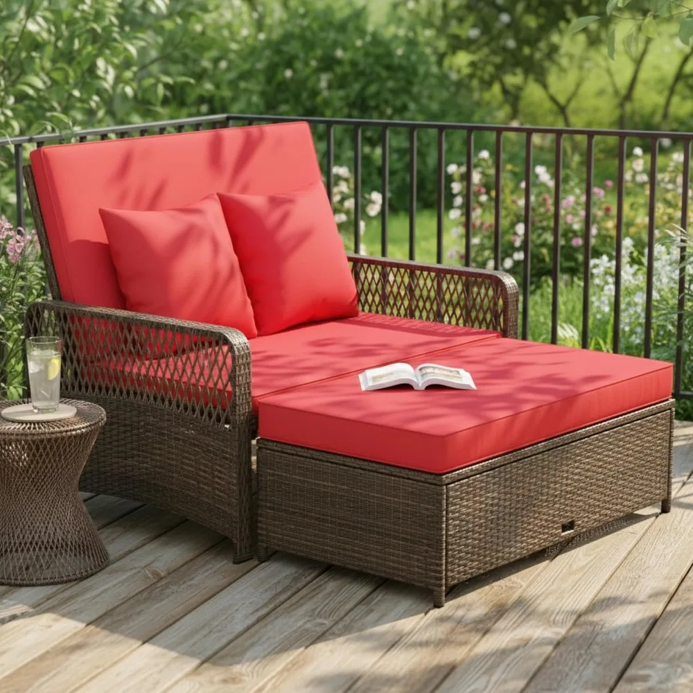 

Patio Adjustable Wicker Daybed, Rattan Loveseat & Storage Ottoman W/ 4-Level Backrest & Soft Cushions, Customized