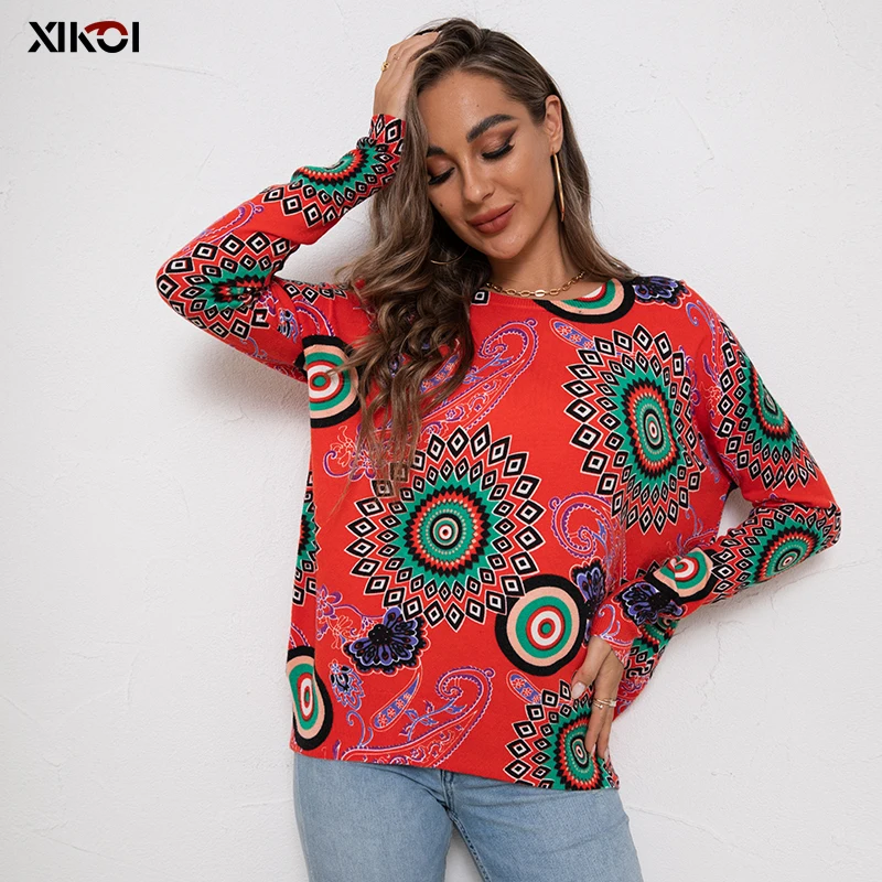 Ladies Autumn Winter Print Knitted Loose Sweater Women Pullover Tops Long Sleeve O Neck Casual Oversized Fashion Streetwear