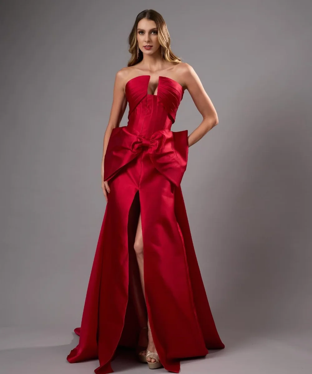 

Customized Fashion Charmeuse Pleat Bow Mermaid Strapless Long Bespoke Occasion Evening Dresses Simple
