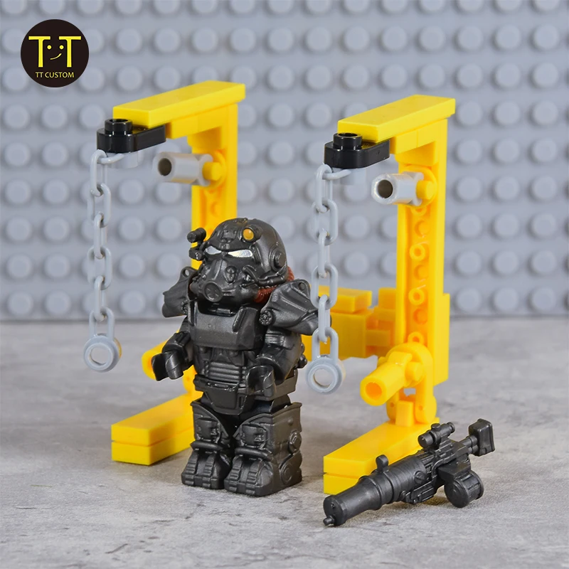 MOC żołnierze wojskowe Mini Anime akcja fallout Knights wspornik Model figurki broń roboty Mecha klocki klocki zabawki