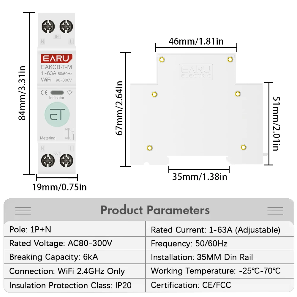 Tuya WiFi Smart Circuit Breaker MCB 1P+N 63A Timer Power Energy kWh Voltage Current Meter Protector Voice Remote Control Switch