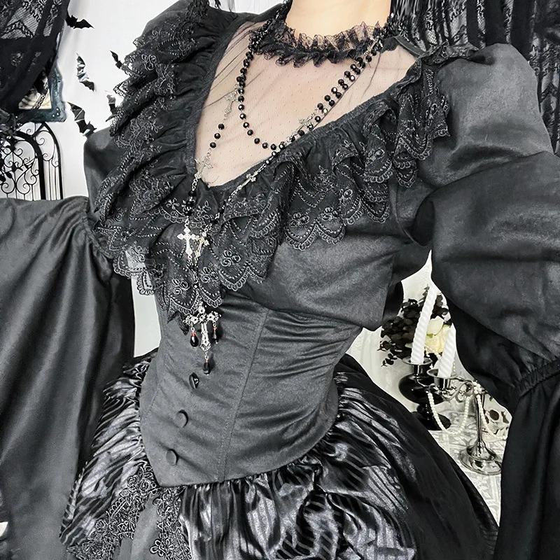 Gothic Lace Shoulder Awl Blouse Tops Series Aby Witch Cosplay Women's Long Sleeve Hooded Short Coat Shirt