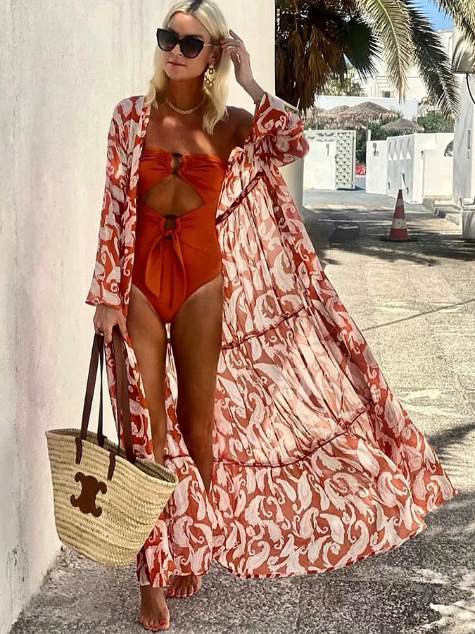 Costume da bagno stile vacanza Sexy Bikini arancione rosso vita alta Hollow Design Fashion Long Cape Yarn Summer Print 2024 Ladies Design