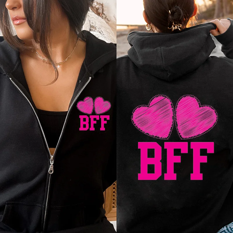 BFF with Cute Pink Hearts Best Friends Forever Zip Up Hoodies Sweatshirts Long Sleeve Women Zipper Hoodies Black Hooded Shirt