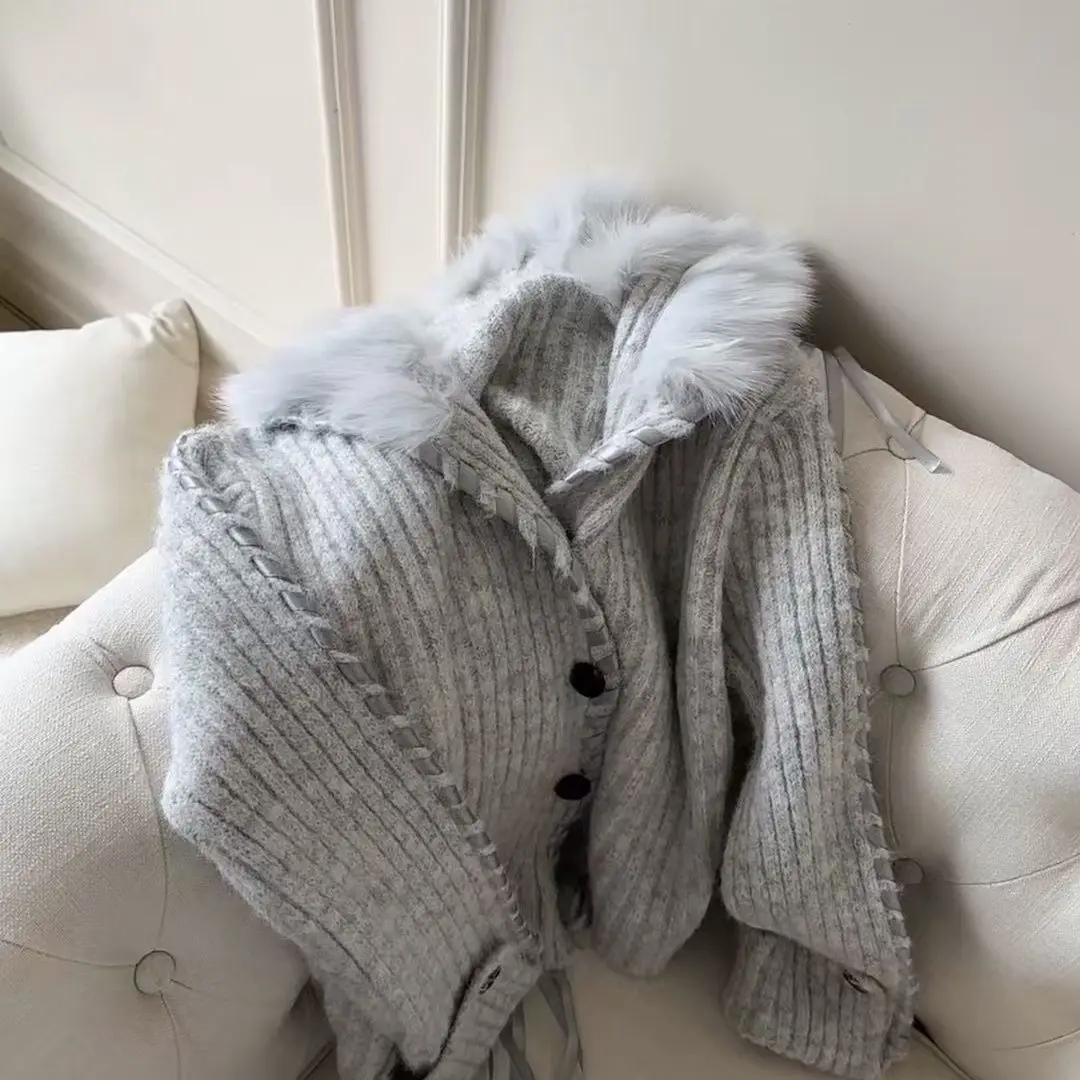 

Gagarich, корейский осенне-зимний модный темно-синий воротник, пальто с искусственным мехом, свитер, простой вязаный кардиган, топ