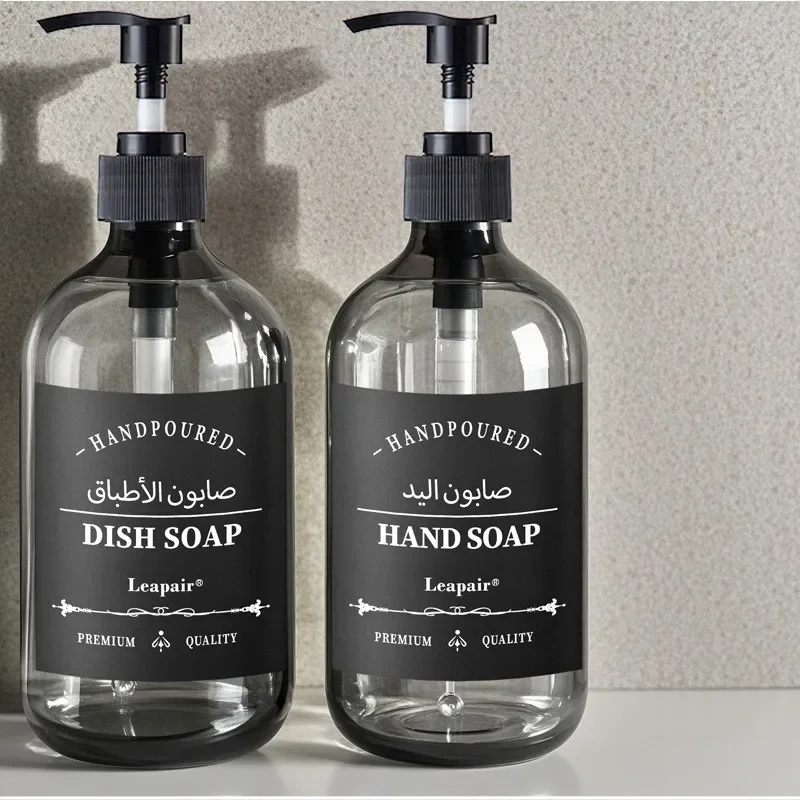 500ml Dispenser Bottle Set with Pump Wood Tray for Kitchen Bathroom Dish Hand Soap Refillable Liquid Container with Labels