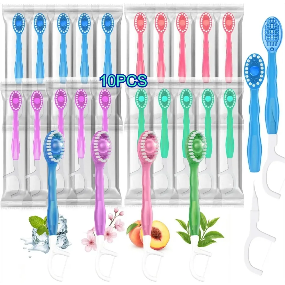10Pcs Booming Bead Disposable Toothbrush Traveling Toothbrush Set with Dental Floss Mini Toothbrush Separate Packaging 4 Flavors