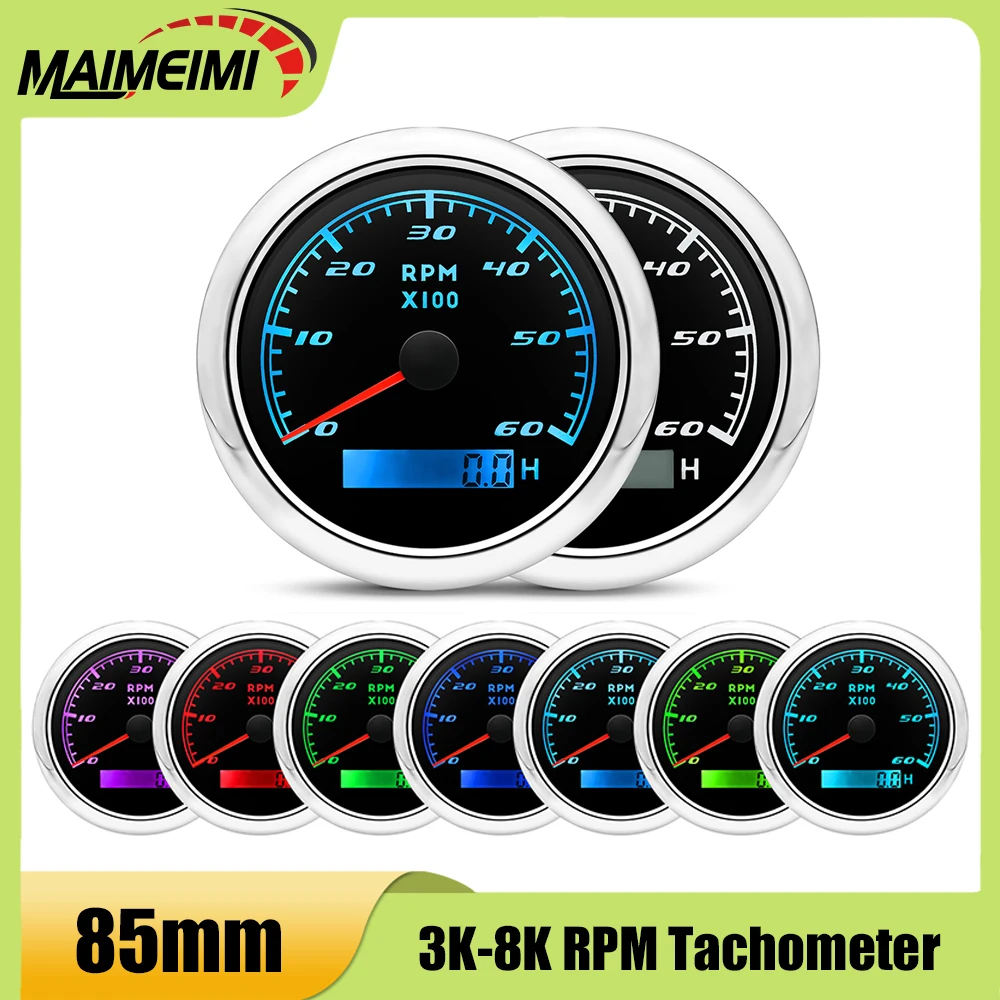 

3000/6000/8000RPM 85mm Tachometer With 7 Color Backlight Tacho Gauge Sensor M16 M18 for 12V Gasoline Diesel Car Boat Yacht