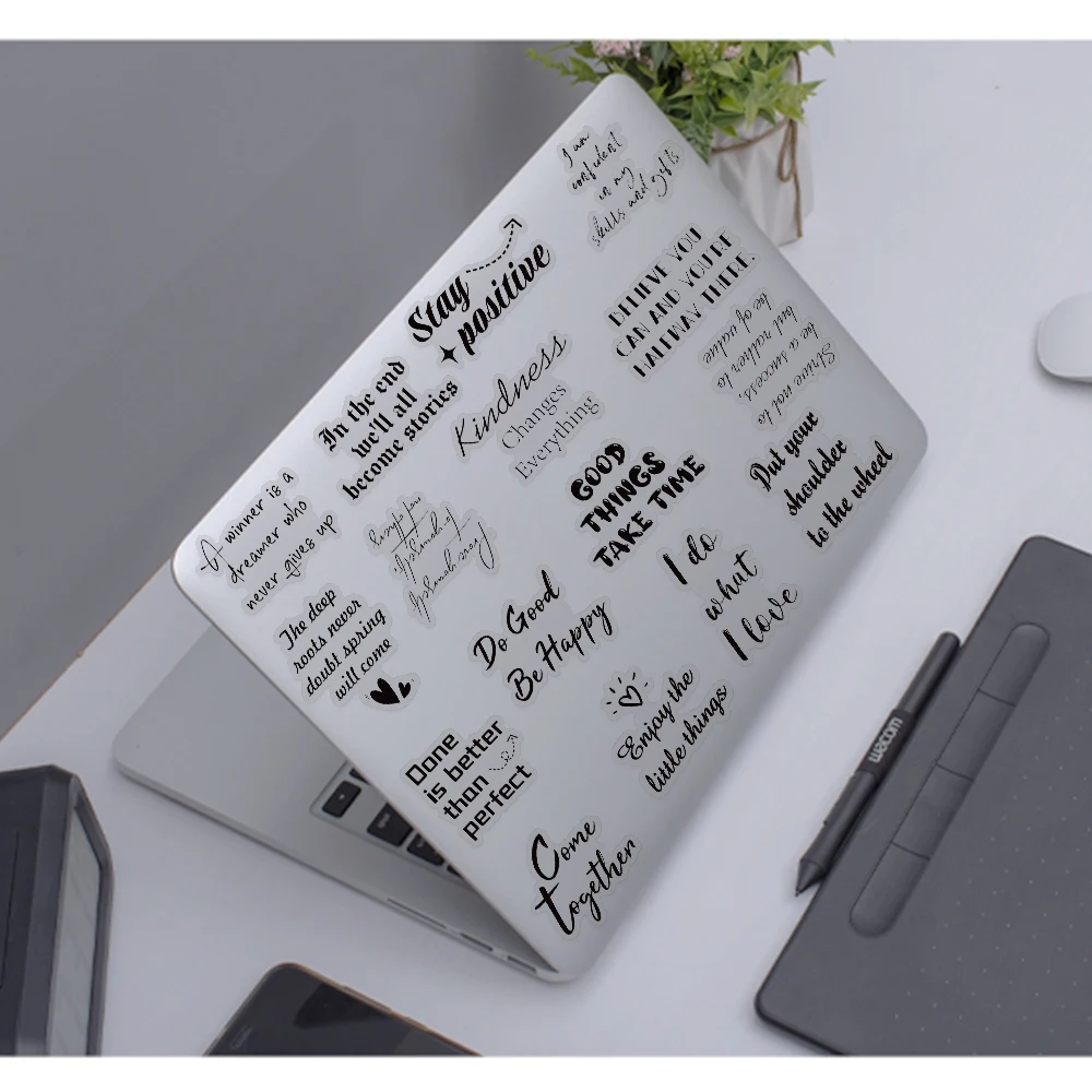 50 Stück motivierende Phrasen PET-Aufkleber für Laptop, Notebook, Koffer, Skateboard, Gitarre, DIY, ästhetische transparente Aufkleber – Detail 14