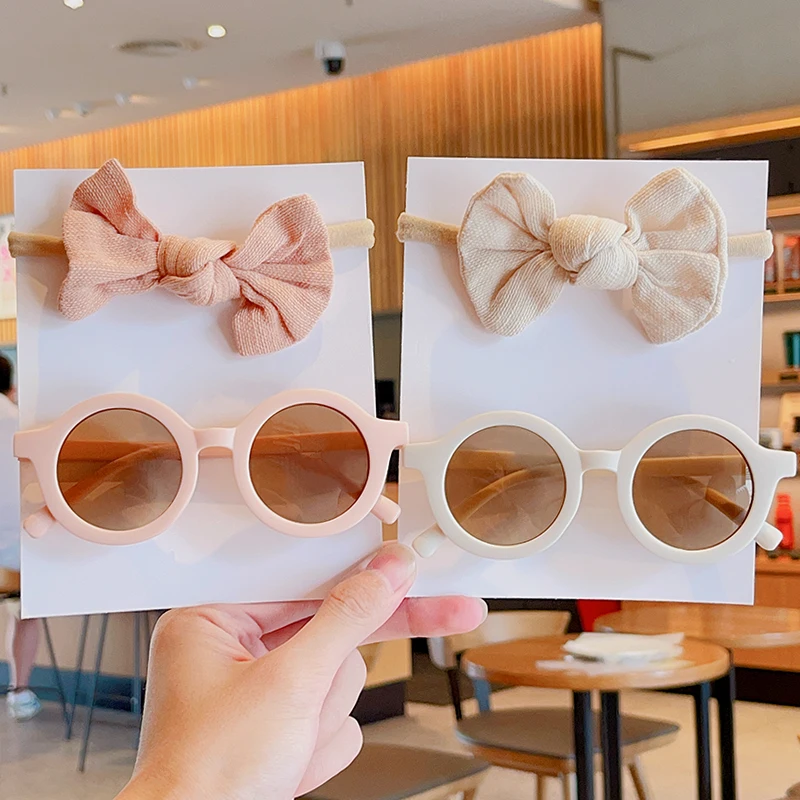 2 Pcs/Set New Baby Girls Cute Solid Color Cotton Bowknot HeadbandRound Sunglasses Set Children Sunglasses Kids Hair Accessories