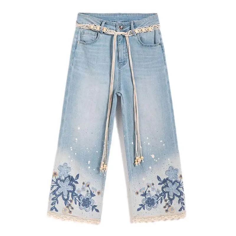 

Женские джинсы с этнической цветочной вышивкой, осенние прямые джинсовые брюки с высокой талией длиной до икры, женская одежда в корейском стиле