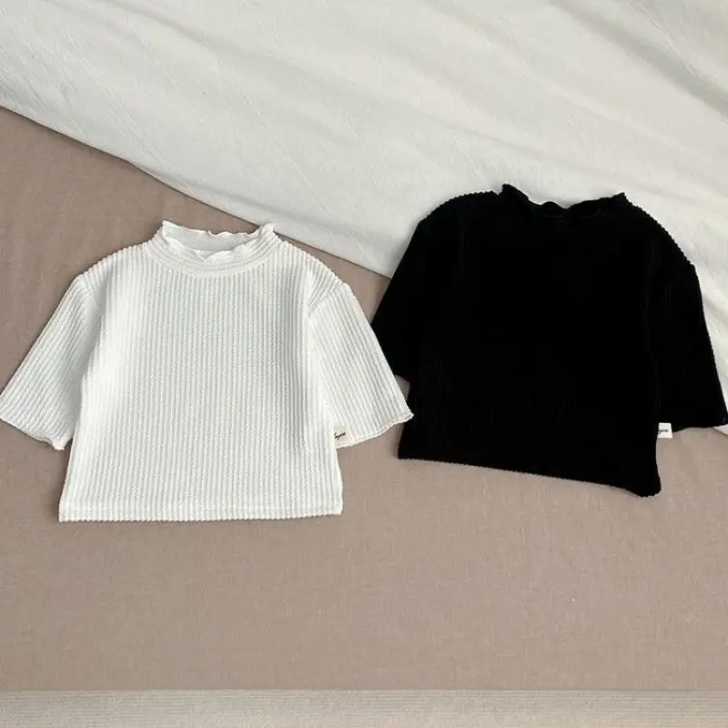 2024 Spring Children Ruffle Turtleneck Long Sleeve T-shirt Solid Girl Infant Bottoming Shirt Baby Striped Tops Kid Cotton Tees