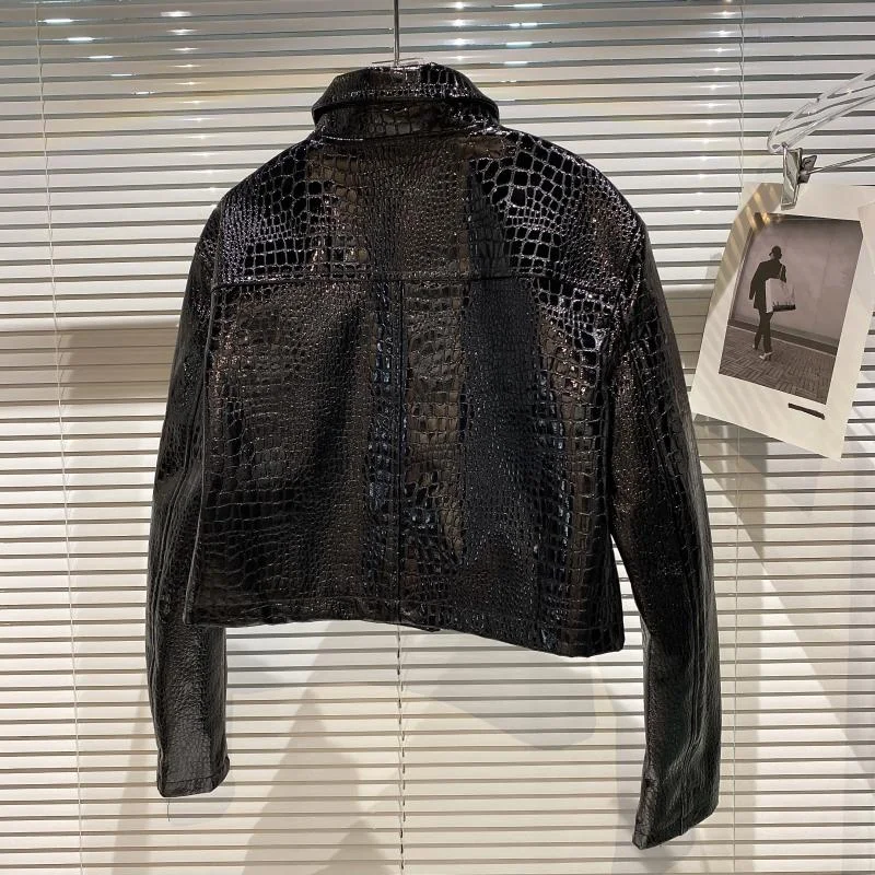 Spring Autumn Women Black Slim Short Faux Crocodile Leather Jacket Streetwear Fashion Lapel Long Sleeve Motorcycle Biker Jacket