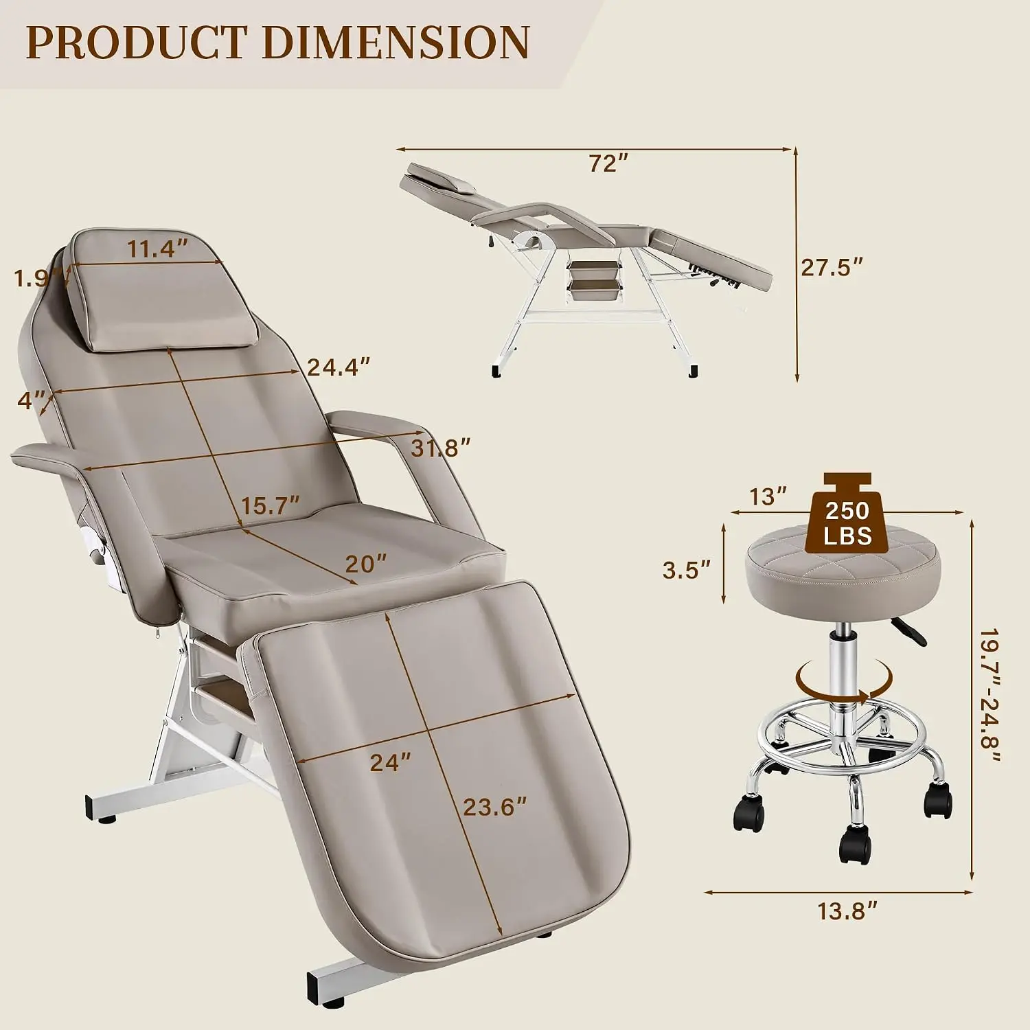 Tattoo Bed Chair for Client, Facial Lash Bed for Esthetician Chair with Swivel Stool, Adjustable Salon Spa Beauty Equipment w/Re