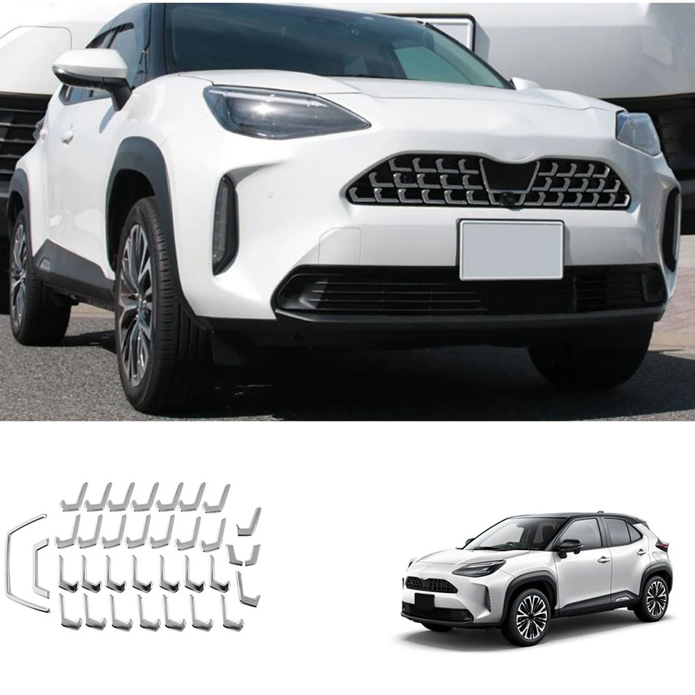 34Pcs Chrome Front Center Grille Grill Moulding Strips Cover Trim for Toyota Yaris Cross 2020 2021 2022 Car Styling