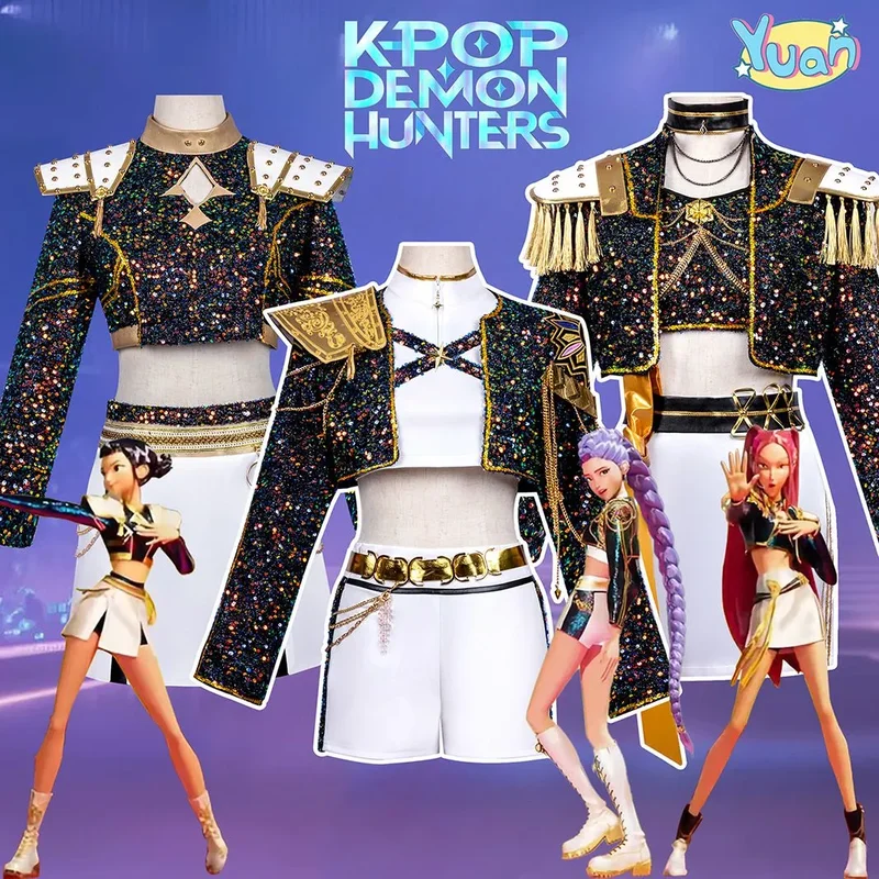 

KPop Demon Hunters Cosplay Clothes Set For Zoe Rumi Oak Mira Full Set Cosplay Costume Black Gold HUNTR/X Character Stage Costume