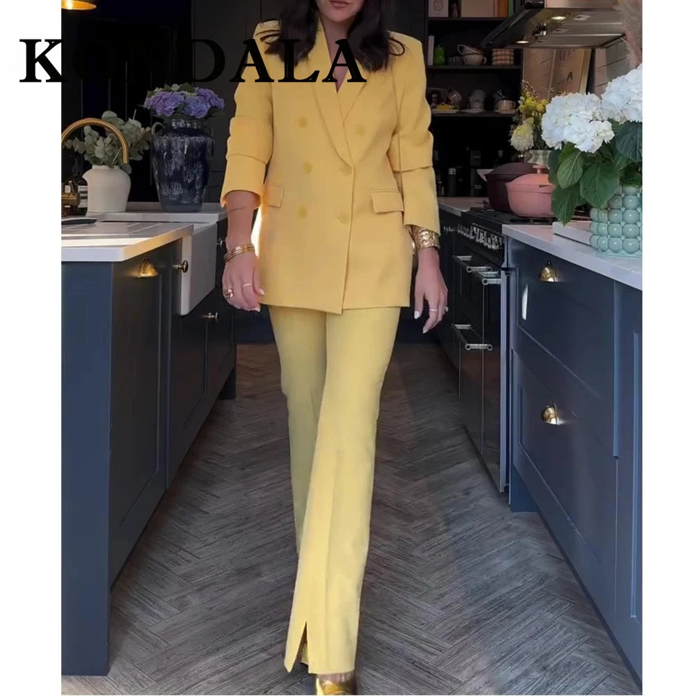 

KONDALA Spring Yellow Office Lady Woman Suits Double Breasted Elegant Blazer+Pockets Zipper Long Pants Fashion 2025 Female Sets