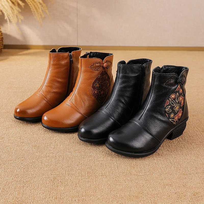 Ethnic Leather Boots for Middle-Aged Women with Thick Heels Warm Side Zipper Anti-Slip Autumn Winter Mother's Footwear