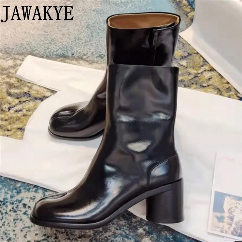 Oryginalne skórzane buty z rozcięciem na palcach Tabi damskie markowe okrągły obcas krótkie buty zimowe w stylu Casual, imprezowa Chelsea Boots