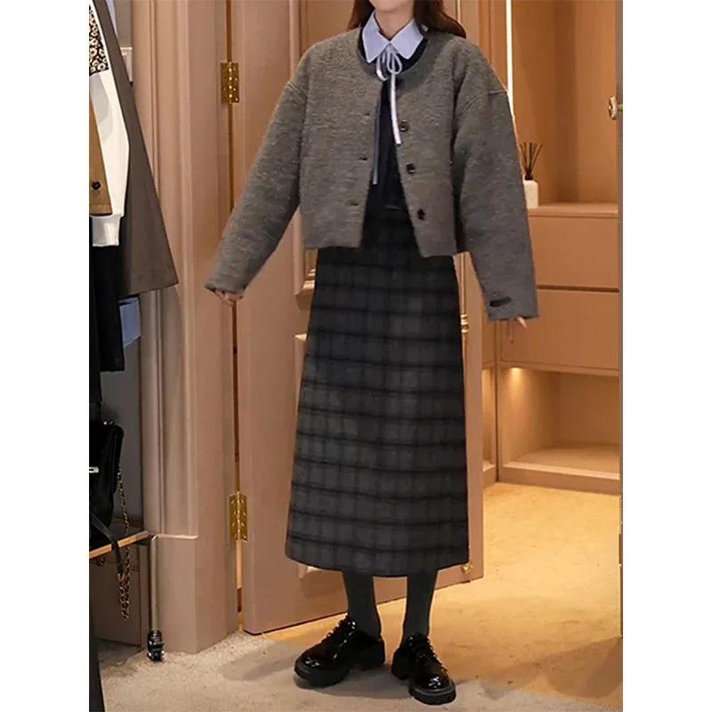

Elegant High Waist A-Line Skirt College Style Long Dress Slim Fit Autumn Winter Women's Pear Shape Plaid Skirt