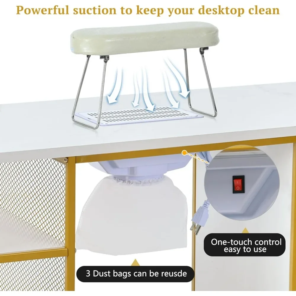 Nagelschreibtisch kompatibel mit Nail Tech, Nageltisch Beauty Work Station Tech Station mit elektrischer Downdraft-Entlüftung, abschließbare Räder