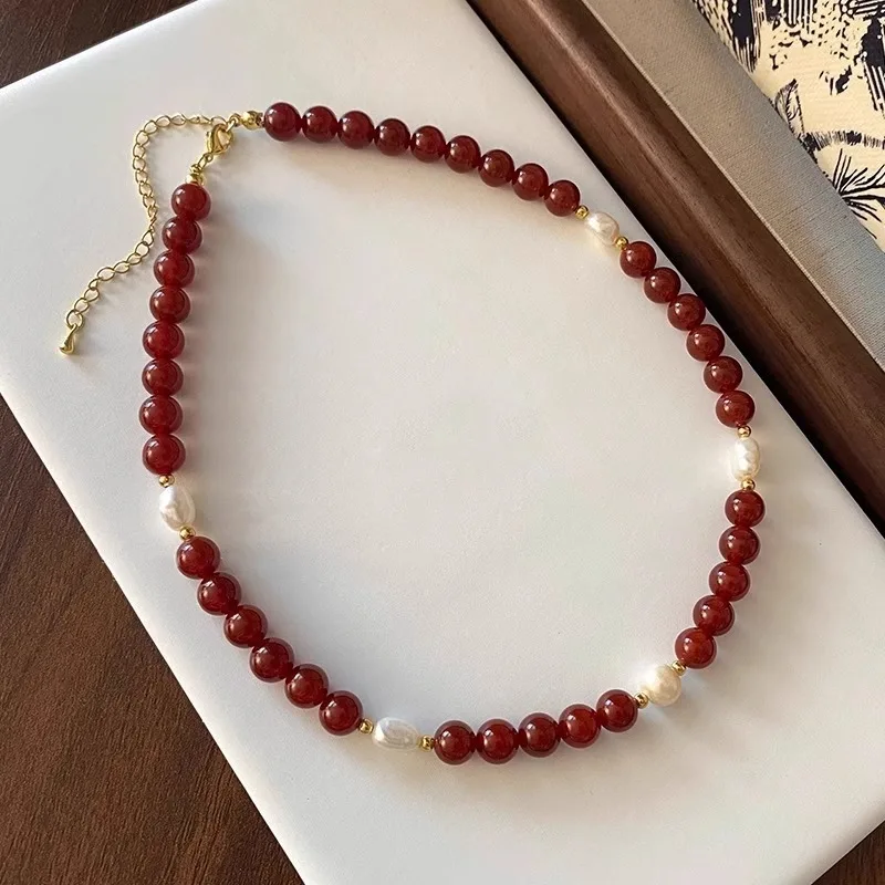 100 % natürliche Süßwasserperle und roter Achatstein, 14 Karat Gold gefüllt, weibliche Perlen, Kette, Halskette, Schmuck für Frauen, Geburtstagsgeschenke – Detail 8