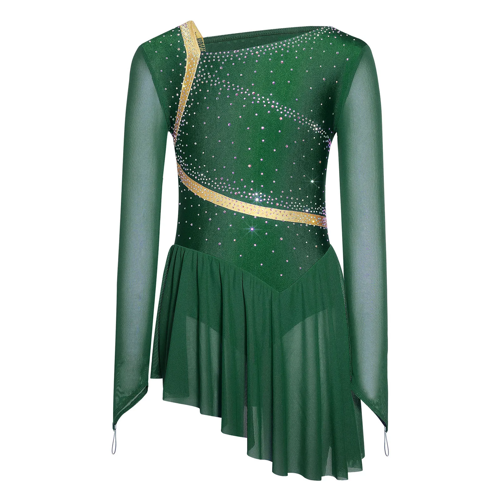 

Kids Girls Figure Skating Lyrical Dance Ballet Dress Performance Costume Long Sleeves Strappy Back Rhinestones Leotards Dress