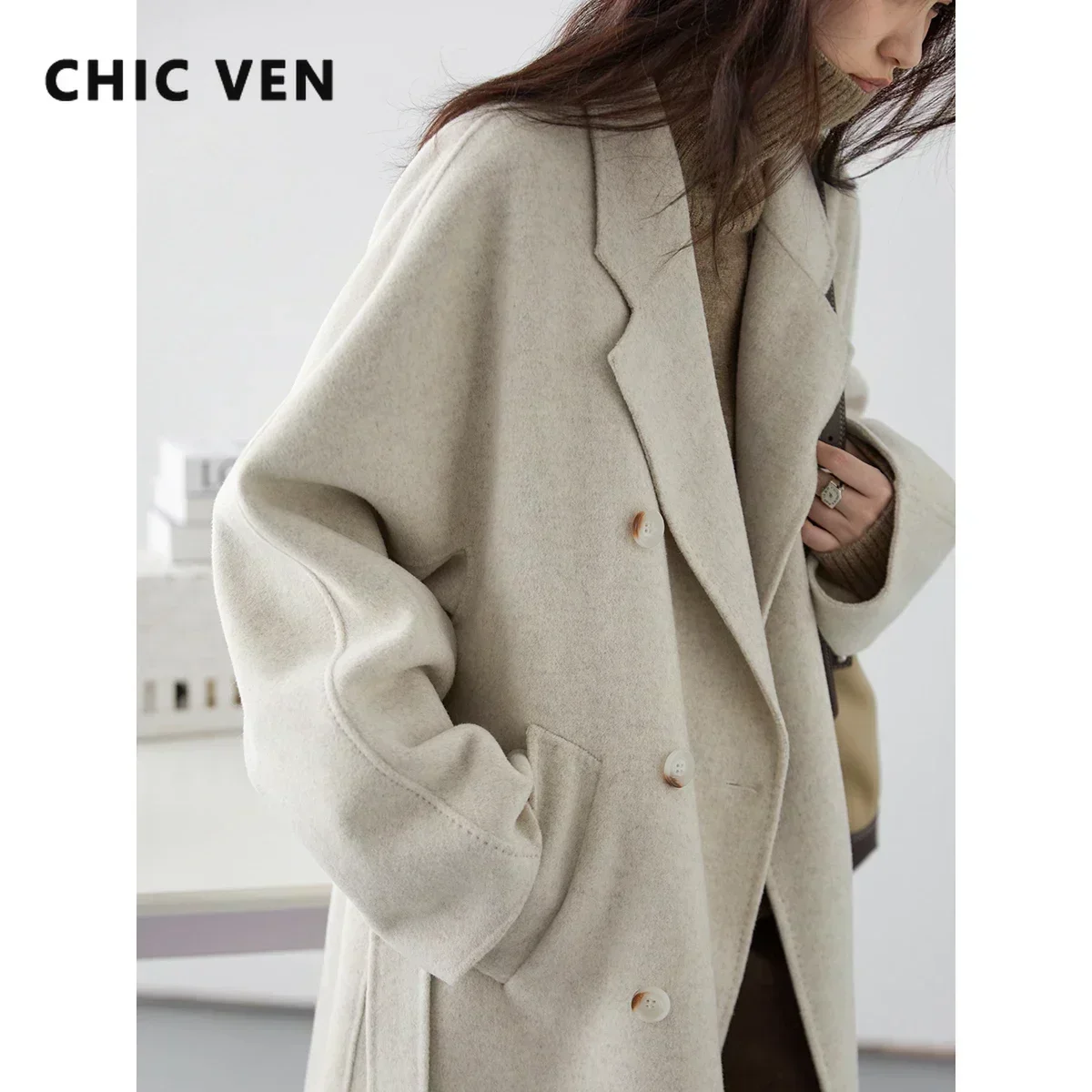 CHIC VEN Women Long Double-sided Woolen Coats Loose Female Overcoat Double Breasted Ladies Windbreak Coat Autumn Winter 2023