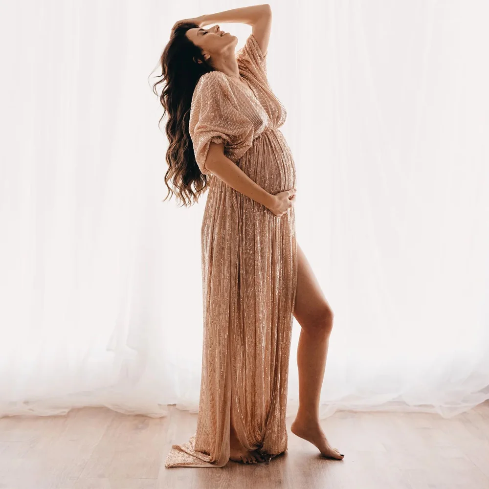 Photoshoot Photography Dress For Women V-neck Champagne Sequin Dress Maternity Photography Props Pregnant Women Party Dress