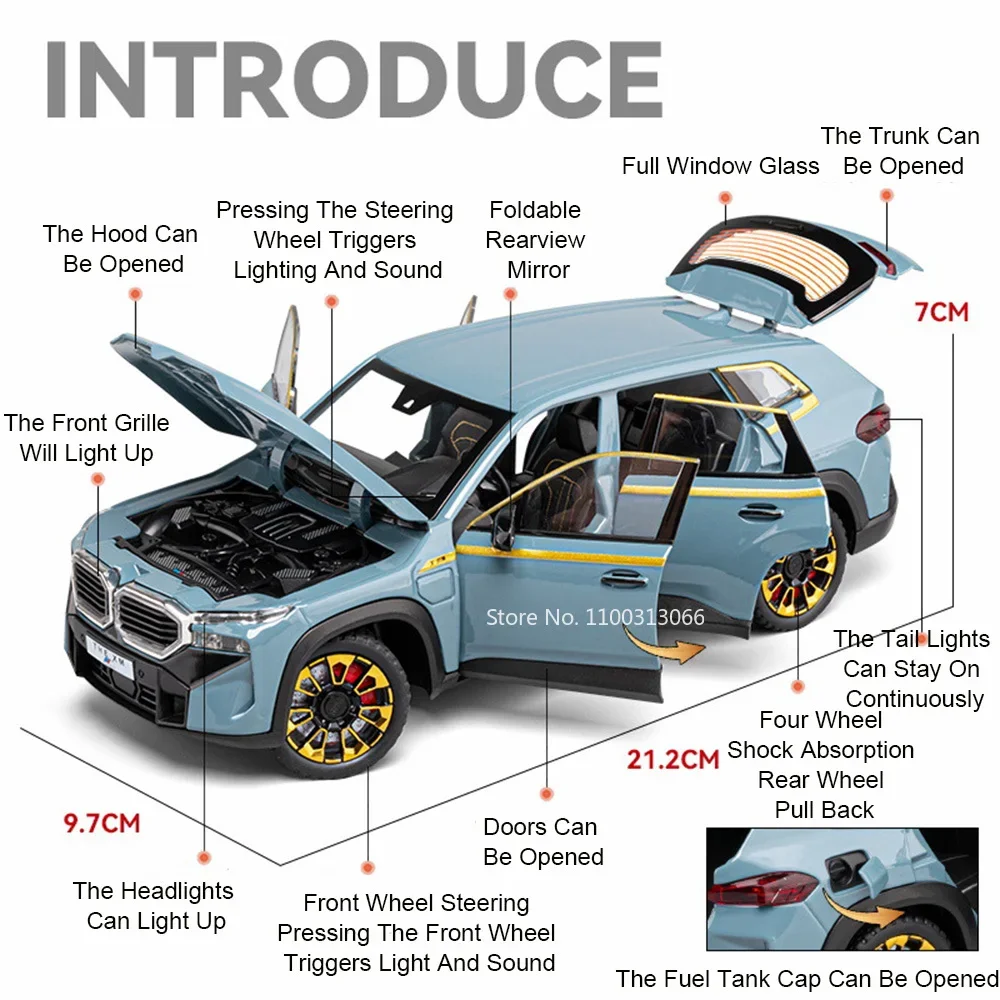1/24 BMW XM Miniaturowe modele samochodów Zabawki Alloy Diecast 6-drzwiowe otwierane światło Dźwięk Pull Back Symulacja pojazdu Zabawki Prezenty dla dzieci
