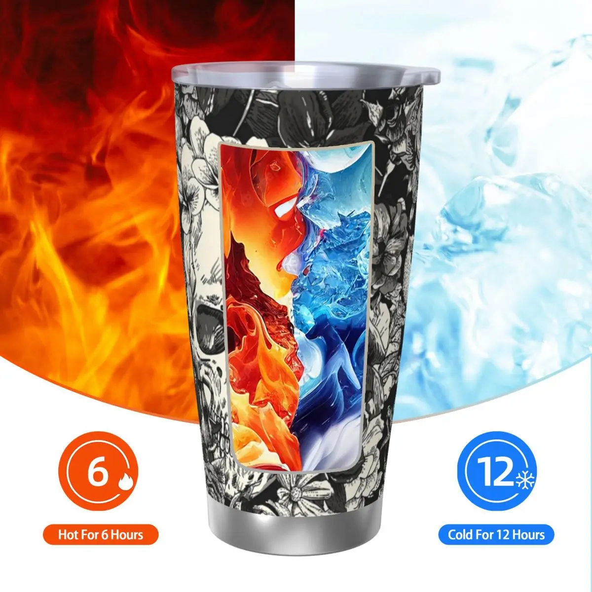 Czaszek i róż kubek z izolacją z pokrywką gotycka stal nierdzewna kubek termiczny Outdoor Travel gorący zimne napoje Cup, 20oz