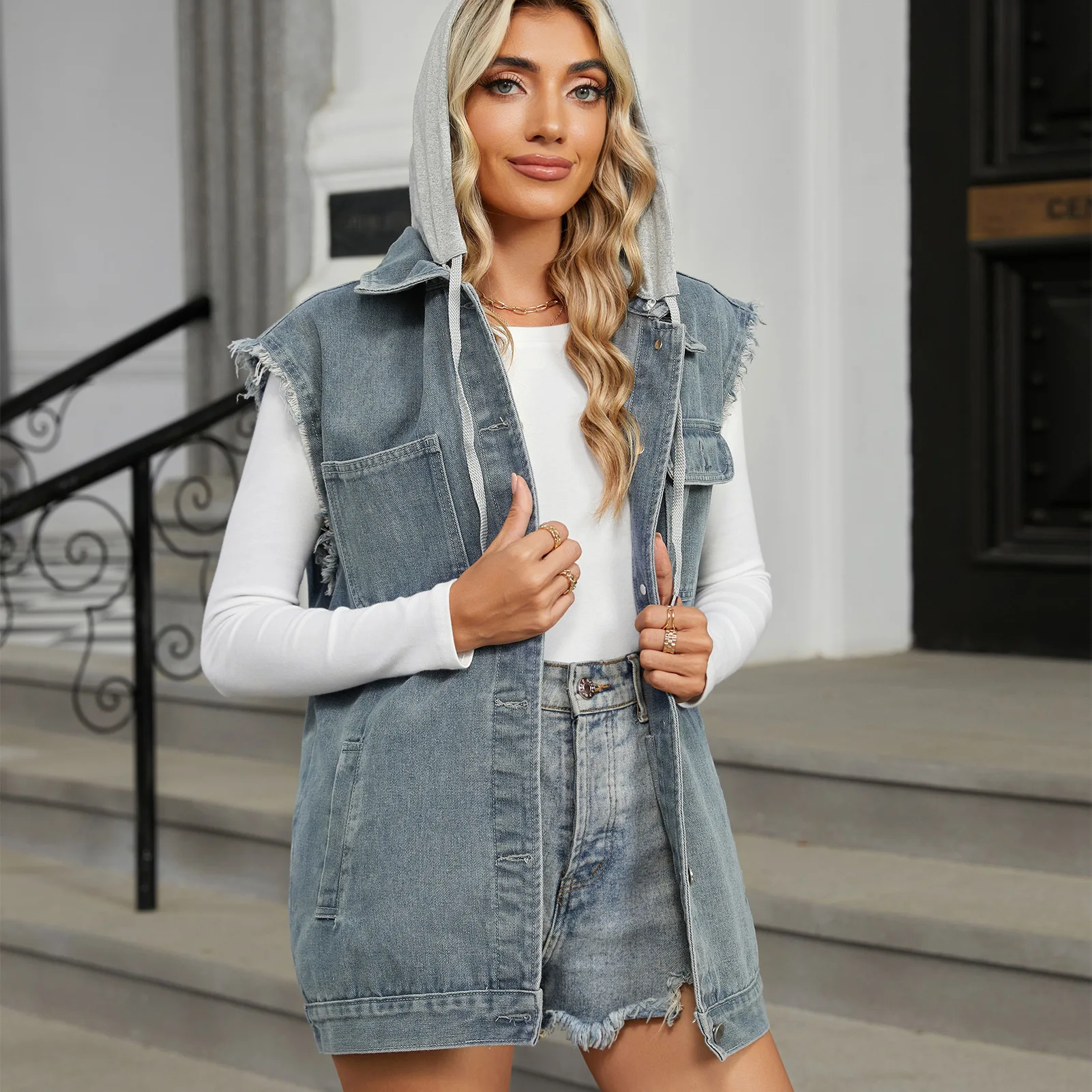 Chaleco vaquero para mujer, chaqueta sin mangas, ropa de calle, cuello vuelto, un solo pecho, capucha extraíble, bolsillos, Tops lavados, chaleco