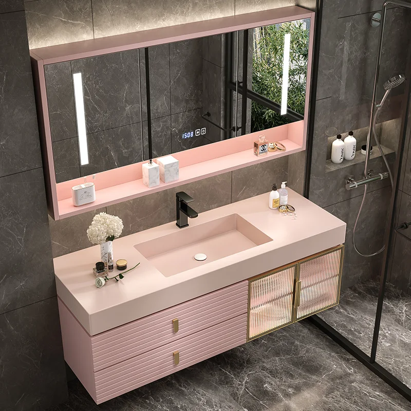 Tocador flotante estético para baño, mueble de baño con luz Led moderna de roble para niña, mueble de salón de lujo